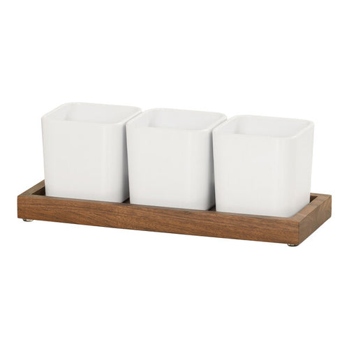 12 3/4" x 5" x 4 1/2" Walnut Condiment Organizer with 3 White Square Melamine Jars